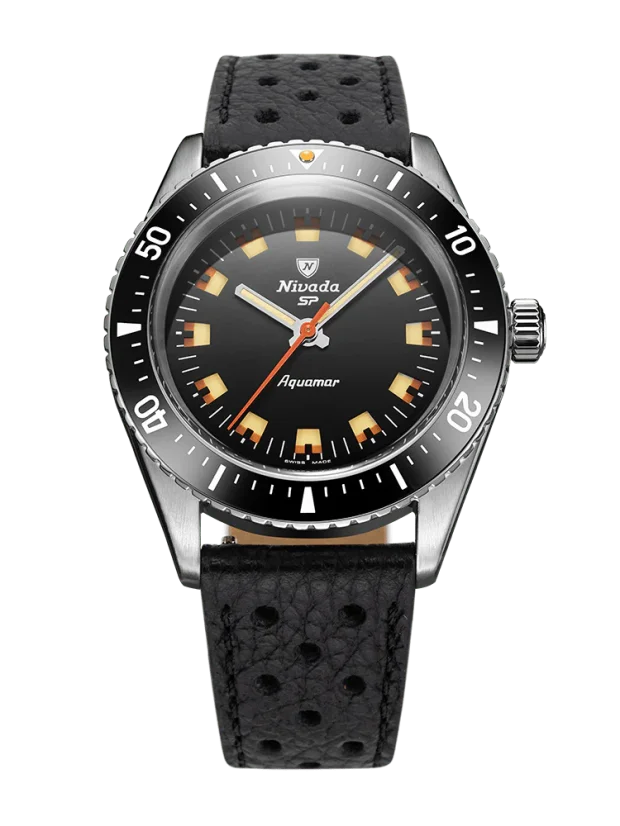 Stříbrné pánské hodinky Nivada Grenchen s koženým páskem Aquamar Black 32068A10 38MM Automatic