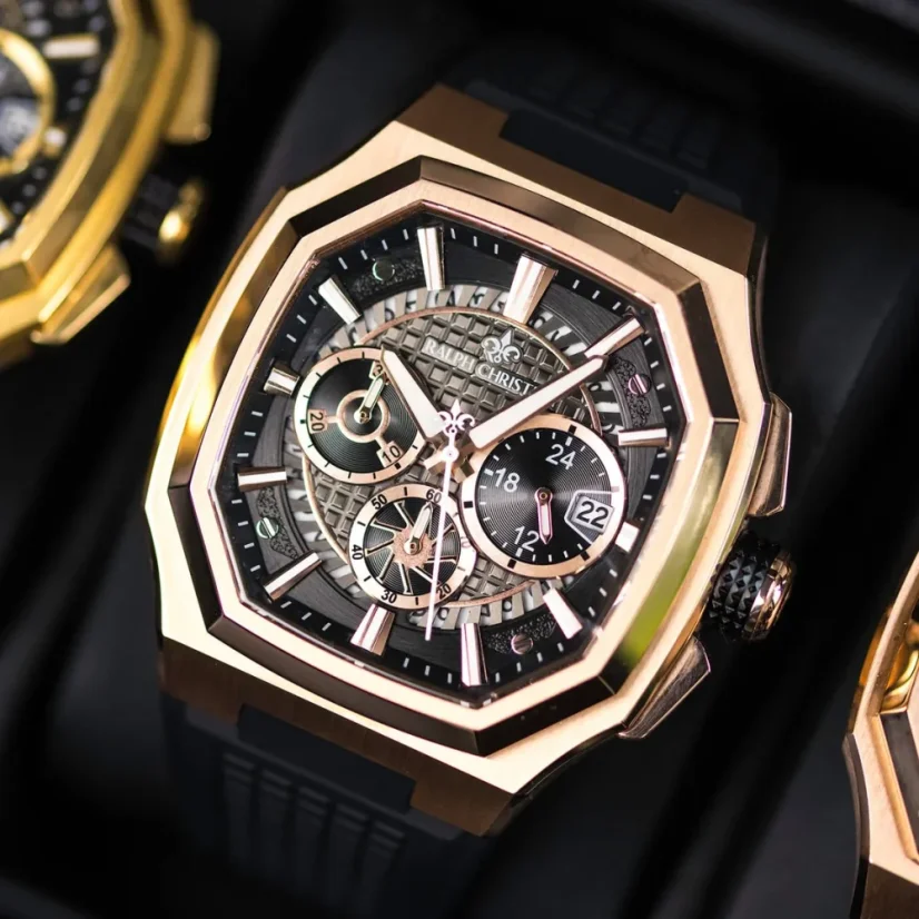 Zlaté pánské hodinky Ralph Christian s gumovým páskem The Equinox Chrono - Royal Dusk 47MM