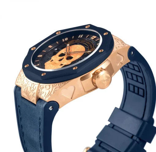 Gouden herenhorloges van Nsquare met leren riem The Magician Gold / Blue 46MM Automatic