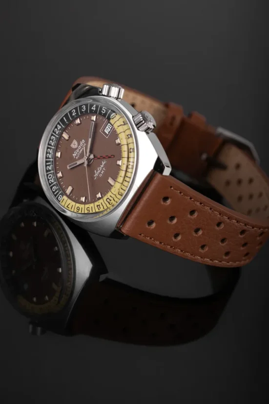 Men's silver Nivada Grenchen watch with leather strap Antarctic GMT - Tropical 32061A17 36MM Automatic