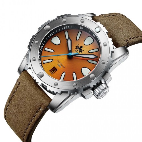 Relógio Phoibos Watches prata para homens com pulseira de couro Great Wall 300M - Orange Automatic 42MM Limited Edition