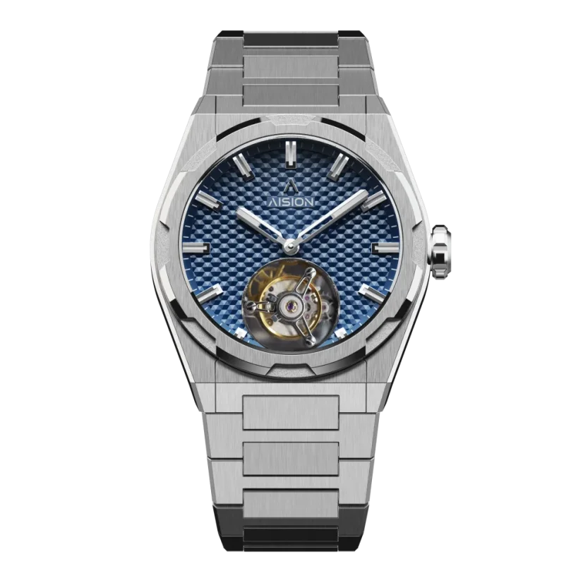 Men's silver Aisiondesign Watches with steel Tourbillon Hexagonal Pyramid Seamless Dial - Blue 41MM