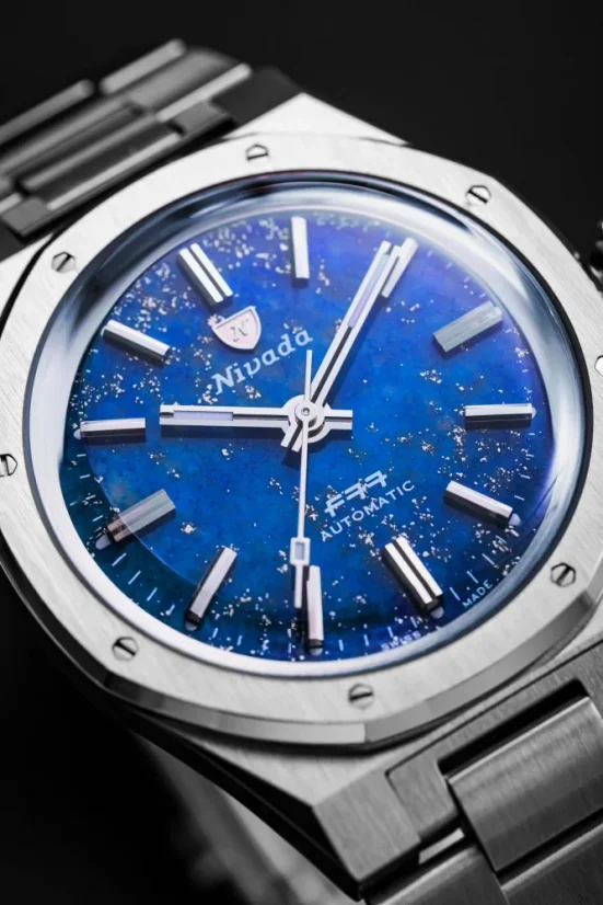 Strieborné pánske hodinky Nivada Grenchen s textilným opaskom F77 STAINLESS STEEL LAPIS LAZULI 68009A77-BC 37MM Automatic