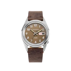 Strieborné pánske hodinky Praesidus s koženým opaskom Rec Spec - Khaki Brown Leather 38MM Automatic