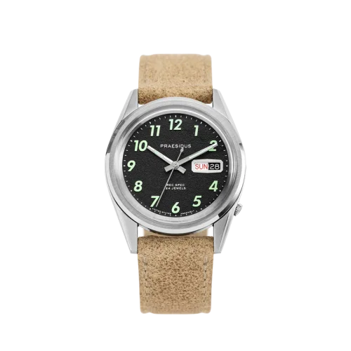 Stříbrné pánské hodinky Praesidus s koženým páskem Rec Spec - OG Popcorn Sand Leather 38MM Automatic