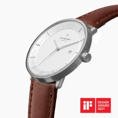 Stříbrné pánské hodinky Nordgreen s koženým páskem Philosopher Brown Leather / Silver 36MM