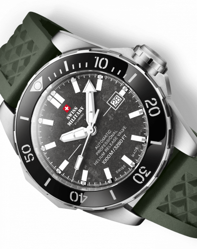 Relógio Swiss Military Hanowa prata para homens com bracelete de borracha Dive 1.000M SMA34092.09 45MM Automatic