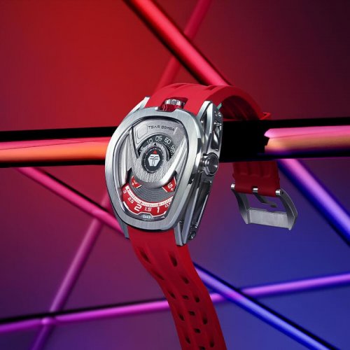 Herrenuhr in Silber Tsar Bomba Watch mit Gummiband TB8213 - Silver / Red Automatic 44MM
