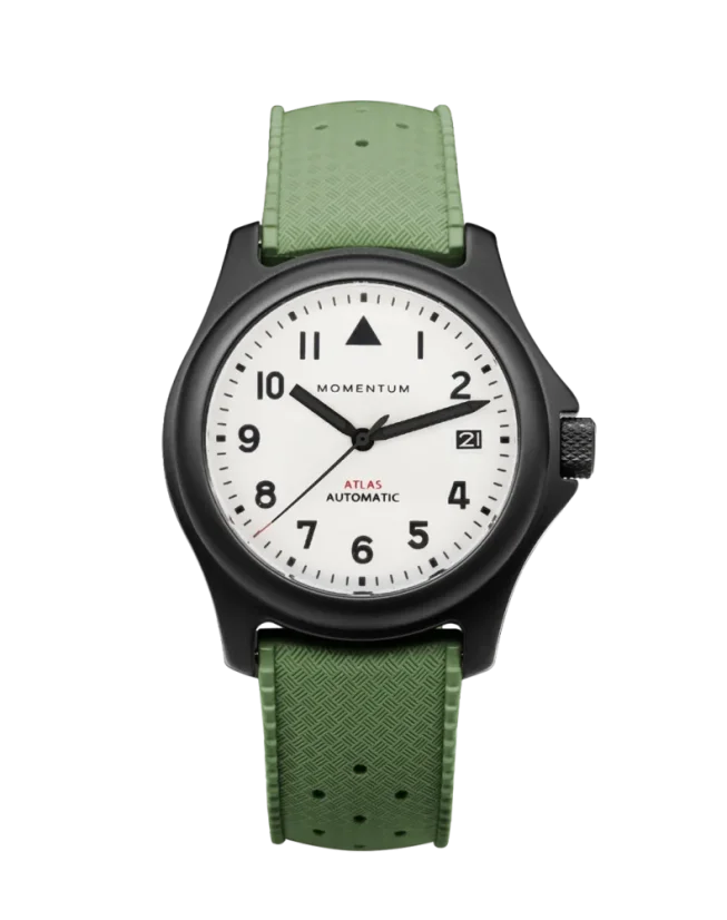 Černé pánské hodinky Momentum s gumovým páskem Atlas Automatic White-Ion - Green Tropic Rubber 38MM Automatic