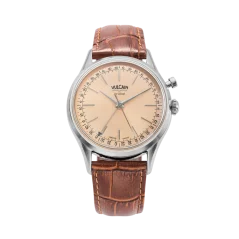 Srebrni muški sat Vulcain s kožnim remenom Cricket President Pale Salmon Steel Case Back - BROWN CALF SKIN LEATHER ALLIGATOR-PRINTED 38MM Automatic