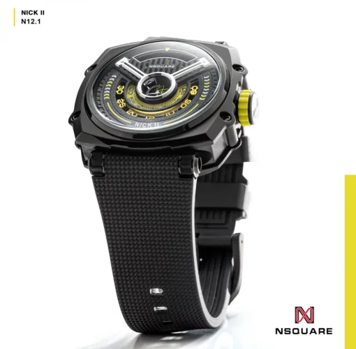 Montre Nsquare pour hommes en noir avec bracelet en caoutchouc NSQUARE NICK II Black / Yellow 45MM Automatic