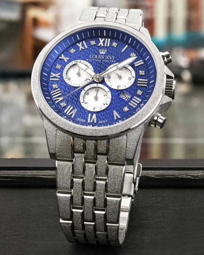 Stříbrné pánské hodinky Louis XVI s ocelovým páskem Frosted Aramis 2.0 With Diamonds - 3623 Silver 43MM