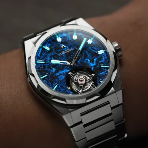 Zwart herenhorloge van Aisiondesign Watches met stalen riem Tourbillon - Lumed Forged Carbon Fiber Dial - Blue 41MM