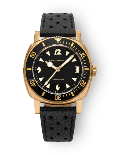 Men's gold Nivada Grenchen watch with leather strap Pacman Depthmaster Bronze 14123A10 Black Racing Leather 39MM Automatic