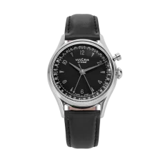 Men's silver Vulcain watch with leather strap Cricket Tradition Black Pain Steel Case Back - Black 39MM Automatic