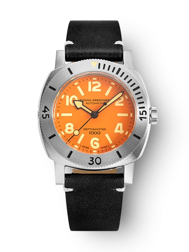 Men's silver Nivada Grenchen watch with leather strap Orange Depthmaster 14127A15 39MM Automatic