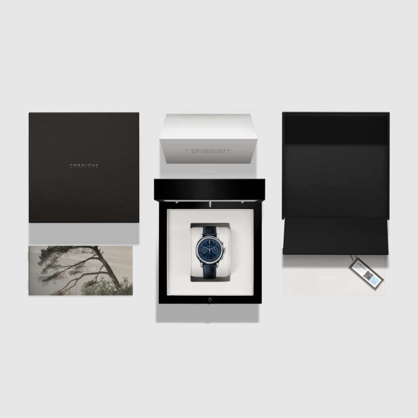 Men's silver Corniche watch with leather strap Chronograph Steel with Blue dial 39MM