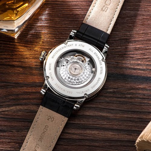 Men's silver Epos watch with leather strap Emotion 24H 3390.302.20.14.25 41 MM Automatic