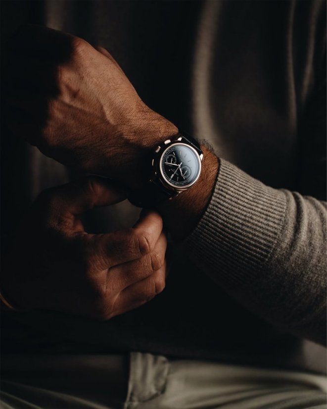 Men's gold Corniche watch with leather strap Chronograph Steel with Rose Gold Black dial 39MM