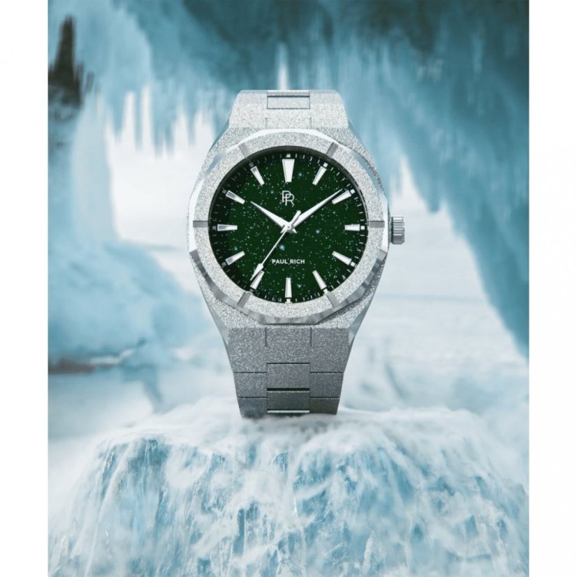 Men's silver Paul Rich watch with steel strap Frosted Star Dust - Green Silver 42MM
