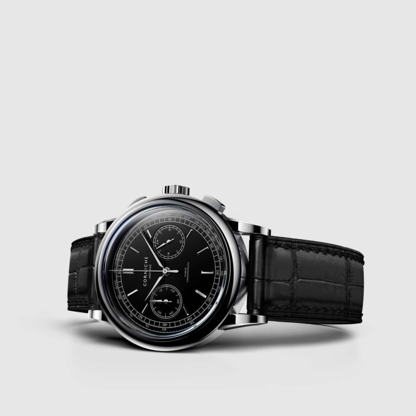 Men's silver Corniche watch with leather strap Chronograph Steel with Black dial 39MM