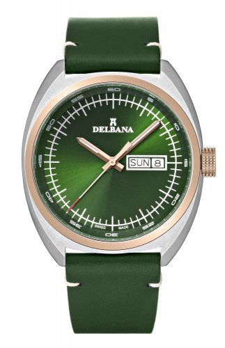 Silberne Herrenuhr Delbana Watches mit Lederband Locarno Silver Gold / Green 41,5MM