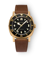Zlaté pánské hodinky Nivada Grenchen s koženým páskem Pacman Depthmaster Bronze 14123A16 Brown Leather 39MM Automatic