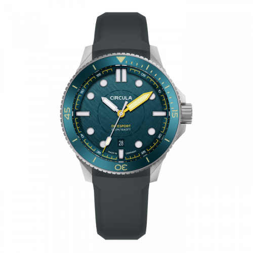 Zilverkleurig herenhorloge van Circula Watches met een rubberen band DiveSport Titan - Petrol / Petrol Aluminium 42MM Automatic