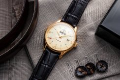 Złoty zegarek męski Delbana Watches ze skórzanym paskiem Della Balda Gold 40MM Automatic