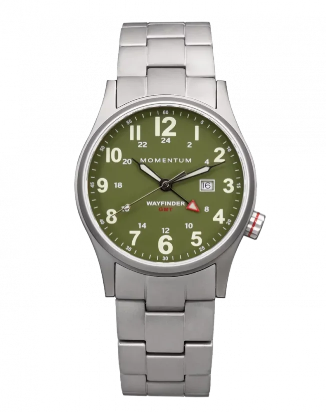 Men's silver Momentum Watch with steel strap Wayfinder GMT Green 40MM