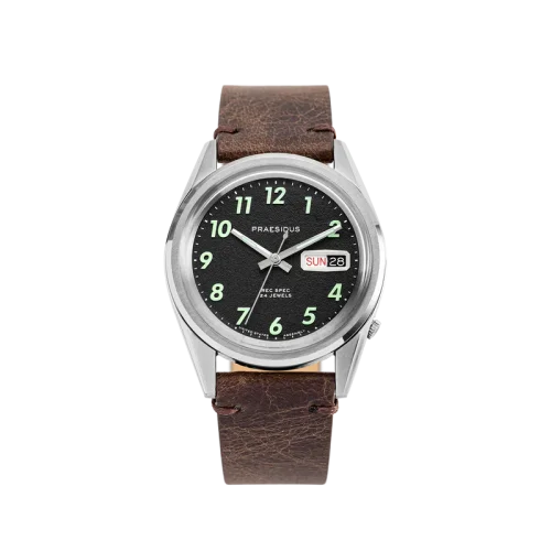Strieborné pánske hodinky Praesidus s koženým opaskom Rec Spec - OG Popcorn Brown Leather 38MM Automatic