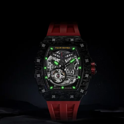 Μαύρο ανδρικό ρολόι Tsar Bomba Watch με ατσάλινο λουράκι TB8208CF - Passion Red Automatic 43,5MM