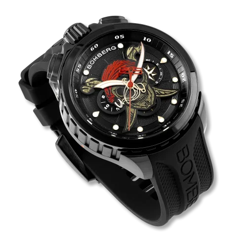 Reloj Bomberg Watches negro con banda de goma PIRATE SKULL RED 45MM