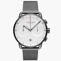 Relógio Nordgreen preto para homem com pulseira de aço Pioneer White Dial - Mesh / Gun Metal 42MM