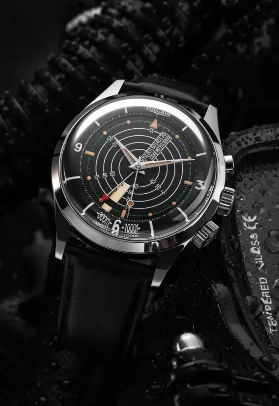 Men's silver Vulcain watch with leather strap Nautical Heritage Black Beige Patina Steel Triple Caseback - Black Plain 42MM Automatic