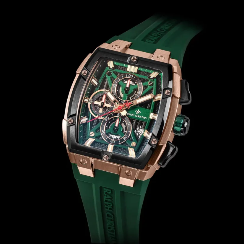 Men's gold Ralph Christian watch with a rubber band The Polaris Chrono - Gold / Hunter Green 42,5MM