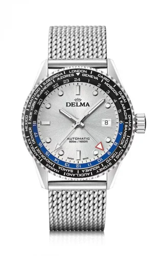 Strieborné pánske hodinky Delma Watches s ocelovým pásikom Cayman Worldtimer Silver 42MM Automatic