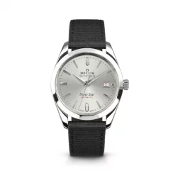 Silberne Herrenuhr Milus Watches mit Lederband Snow Star Sky Silver 39MM Automatic