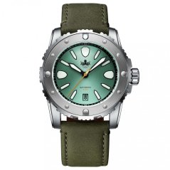 Strieborné pánske hodinky Phoibos Watches s koženým pásikom Great Wall 300M - Green Automatic 42MM Limited Edition