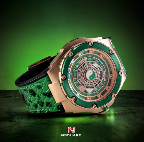 Zlaté pánské hodinky Nsquare s gumovým páskem FIVE ELEMENTS Gold / Green 46MM Automatic
