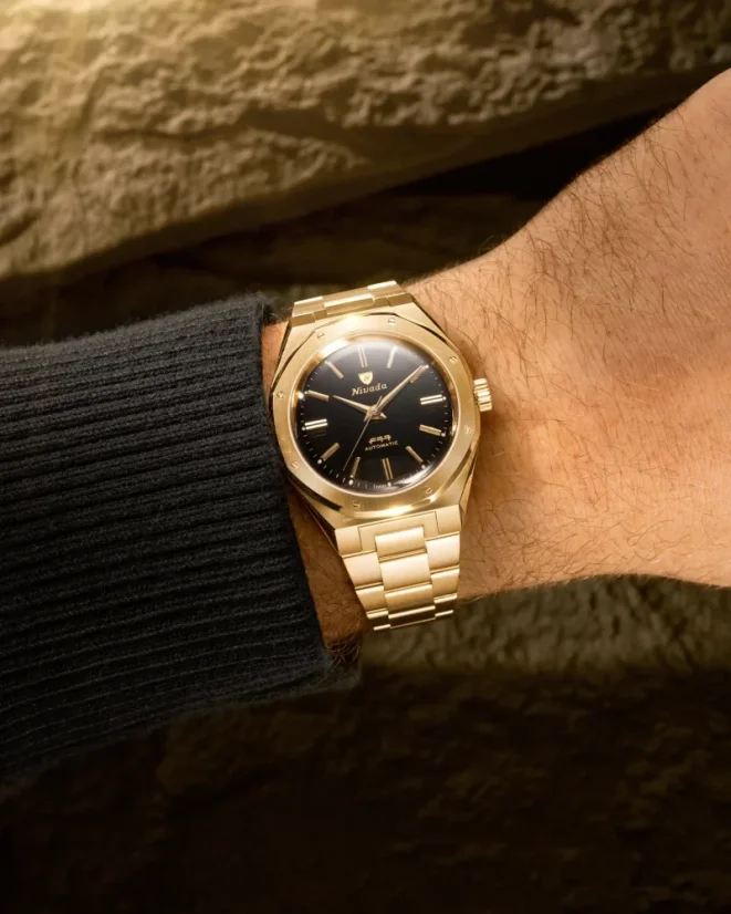 Zlaté pánske hodinky Nivada Grenchen s ocelovým opaskom F77 MARK II GOLD 68028A77 38MM Automatic