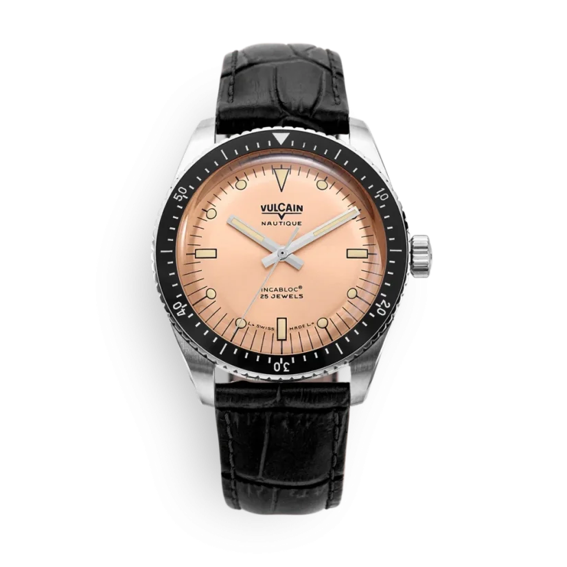 Men's silver Vulcain watch with leather strap Skindiver Nautique - Brown - BLACK CALF SKIN LEATHER ALLIGATOR-PRINTED 44,5MM Automatic