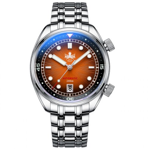 Herrenuhr aus Silber Phoibos Watches mit Stahlband Eagle Ray 200M - PY039F Sunray Orange Automatic 41MM