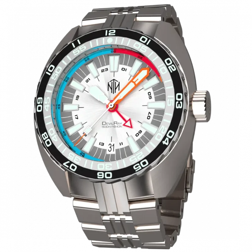 Miesten hopeinen NTH Watches -kello teräshihnalla DevilRay GMT With Date - Silver / White Automatic 43MM