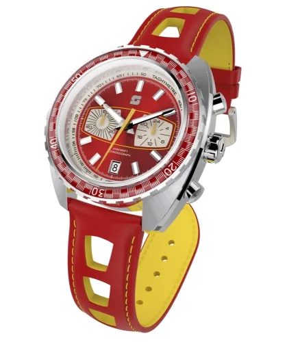 Srebrny zegarek męski Straton Watches ze skórzanym paskiem Syncro Red 44MM