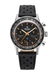 Men's silver Nivada Grenchen watch with leather strap GMT Bezel Chronoking Mecaquartz Inter. Bezel Black Racing Strap 87042Q10 38MM