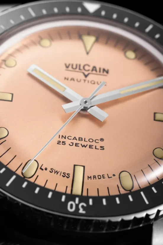 Men's silver Vulcain watch with rubber strap Skindiver Nautique - Salmon Beige Luminova - Rubber 44,5MM Automatic