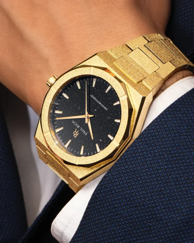 Zlaté pánske hodinky Paul Rich s oceľovým pásikom Frosted Star Dust II - Void Gold 43MM