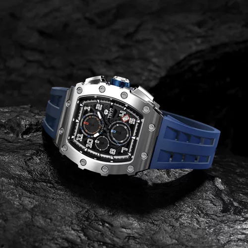 Strieborné pánske hodinky Tsar Bomba Watch s gumovým pásikom TB8204Q - Silver / Blue 43,5MM