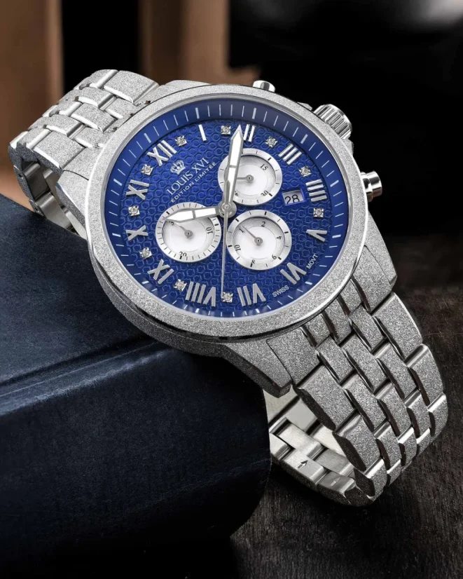 Stříbrné pánské hodinky Louis XVI s ocelovým páskem Frosted Aramis 2.0 With Diamonds - 3623 Silver 43MM